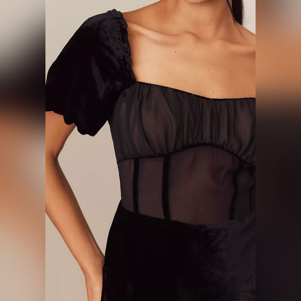 Anthropologie Black Puff-Sleeve Sheer-Panel Mesh Velvet Midi Dress - Picture 4 of 4